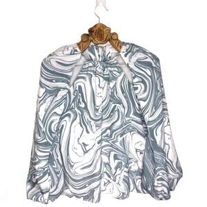 Jonathan Simkhai Blouse Tia Marble Cutout Keyhole Balloon Sleeve Blue White xs